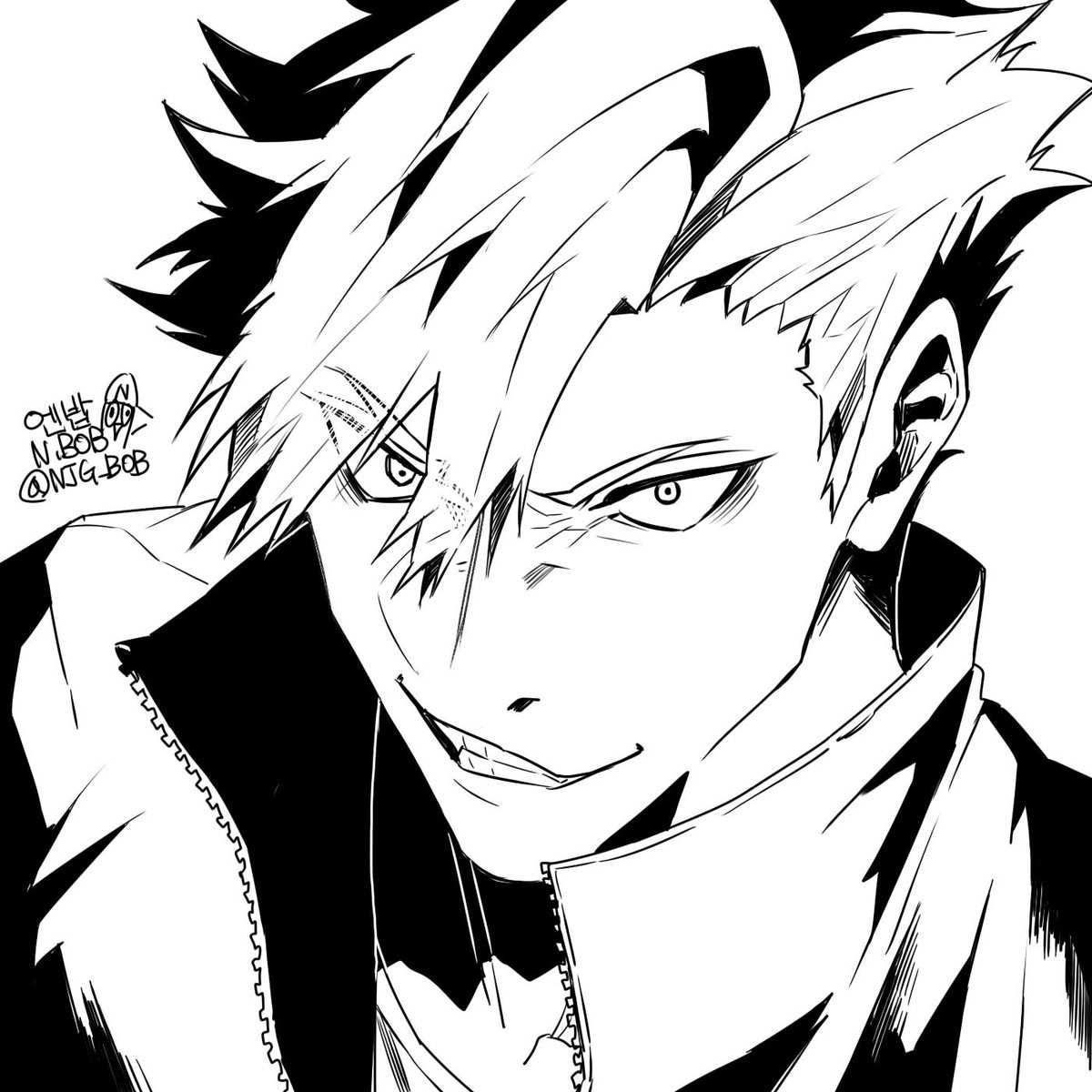 흠흠~~ 멘션 온 캐릭터 얼굴만 그리기~ 쿠로오! 이번엔 선화로!! 흑백에 포인트 색으로!, image size:1200x1200