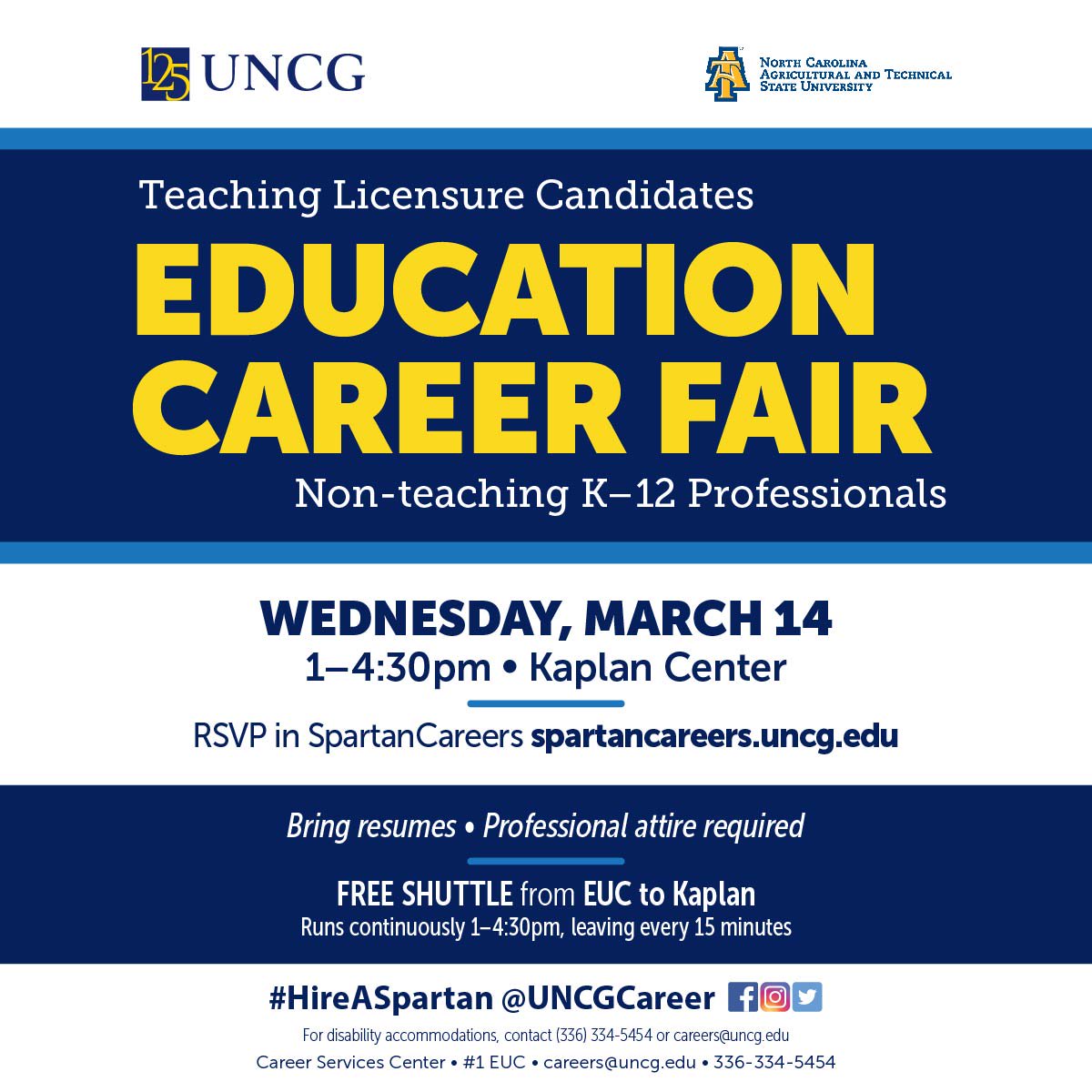 UNCGCareer's tweet photo. We're less than two weeks away from the Education Career Fair! We will be welcoming 115 schools who are eager to #HireASpartan (ed &amp; non ed majors!) for teaching and non-teaching positions! https://t.co/7qS0JX2PuX