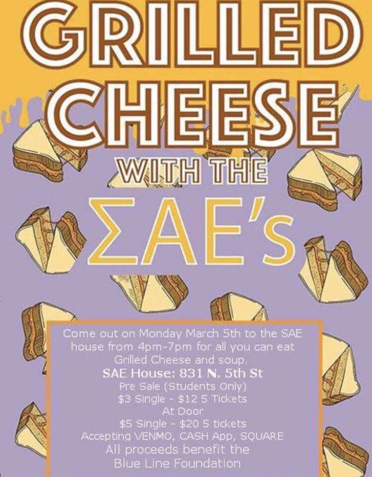Go support SAE’s philanthropy event next Monday, March 5th! All proceeds go towards the #BlueLineFoundation (fallen police officers). It’s Grilled Cheese with the SAE’s and it is all you can eat grilled cheese and soup for $5 from 4:00-7:00 PM! <a href="/stateSAE/">ΣΑΕ Indiana Sigma</a>