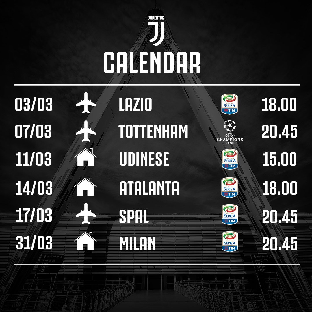 Jadwal pertandingan Juventus di bulan Maret 2018, via twitter @juventusfcen