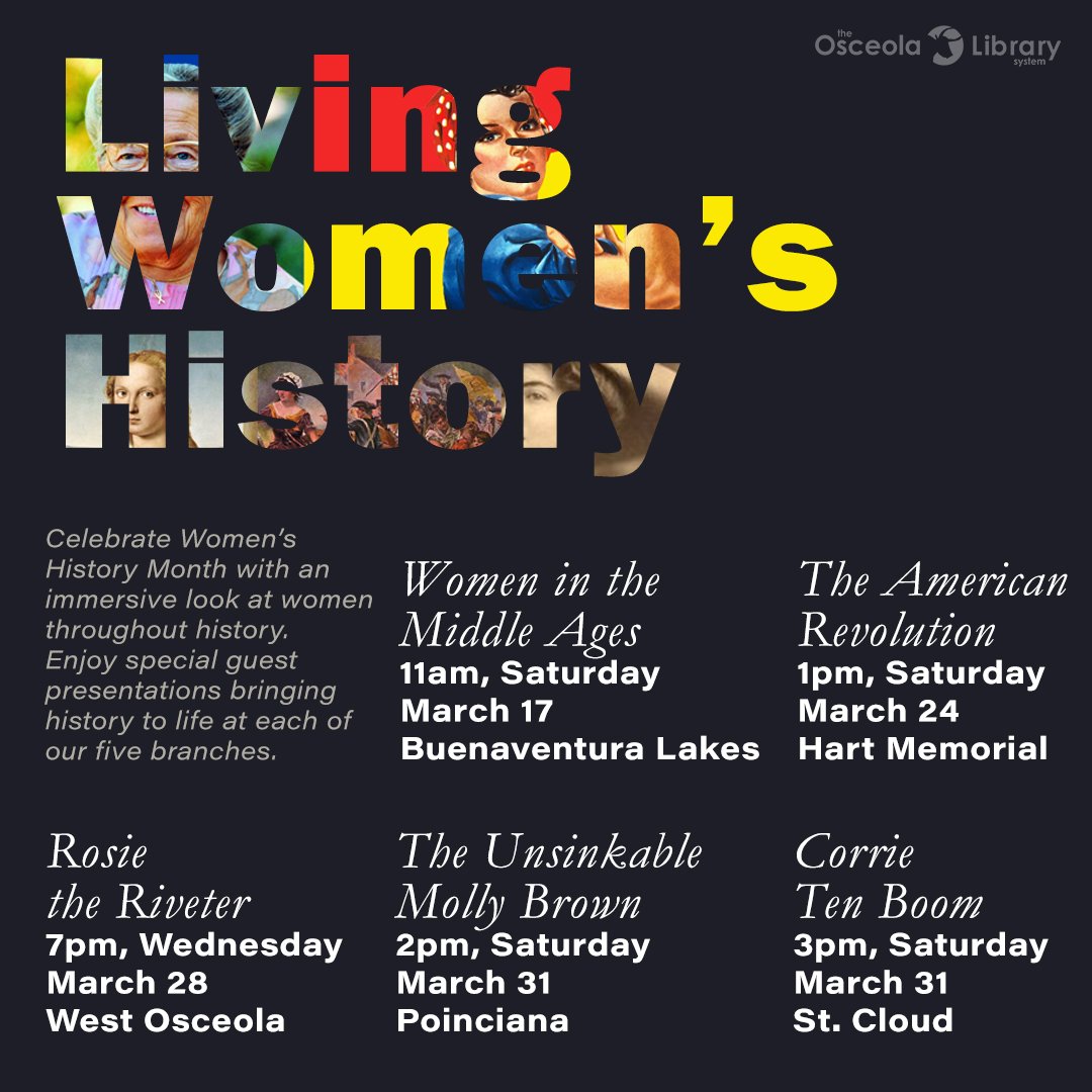 OsceolaLibrary's tweet photo. #WomensHistoryMonth comes alive in our Living Women's History series! Each participating Library will have actresses adopting the role of their featured heroine to share their story! #livingwomenshistoryseries #osceolalibrary https://t.co/l8TodFtxe1