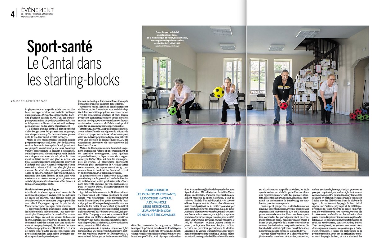 CDecorde's tweet photo. Publication dans @lemondefr d’une photo prise à Murat et issue de notre série documentaire “2000 et moins” sur la France rurale qui innove. Programme Sport Santé a Murat. @COcotteNum @BernardDelcros https://t.co/6Nxy3iYqhT