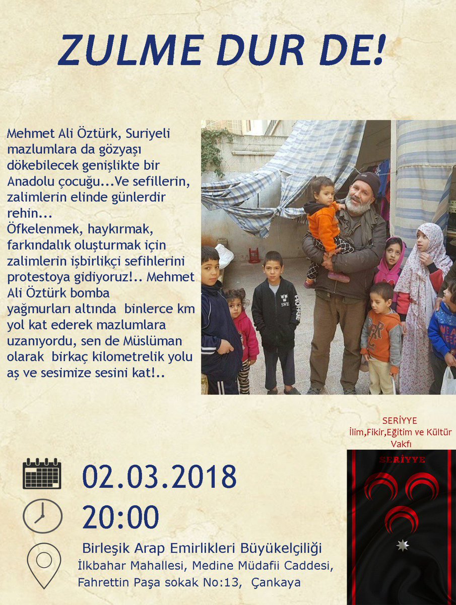 Türkiye’nin Suriye’ye gösterdiği insanlık vazifesini temsilen Mehmet Ali Öztürk, BAE’nde tutsak durumda...10 gün oldu ve hala ne için tutulduğuna dair açıklama yapılmadı! Türkiye’ye çorap örülüyor, farkında mısınız?
#MehmetAliÖztürkTutsak 
<a href="/HHShkMohd/">HH Sheikh Mohammed</a>