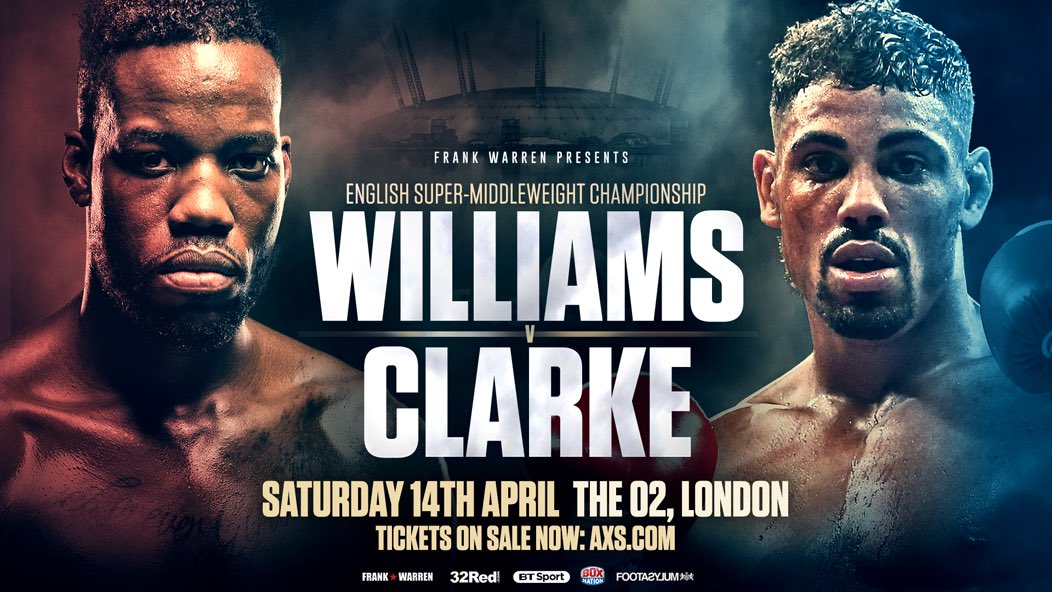 FrankWarren's tweet photo. CONFIRMED: @DarryllWilliams (16-0, 6 KO’s) makes the second defence of his English Super-Middleweight Championship against undefeated @LennoxCBoxing (16-0-1, 6 KO’s) @TheO2 on April 14th! 💥 https://t.co/e8QTewIvDh