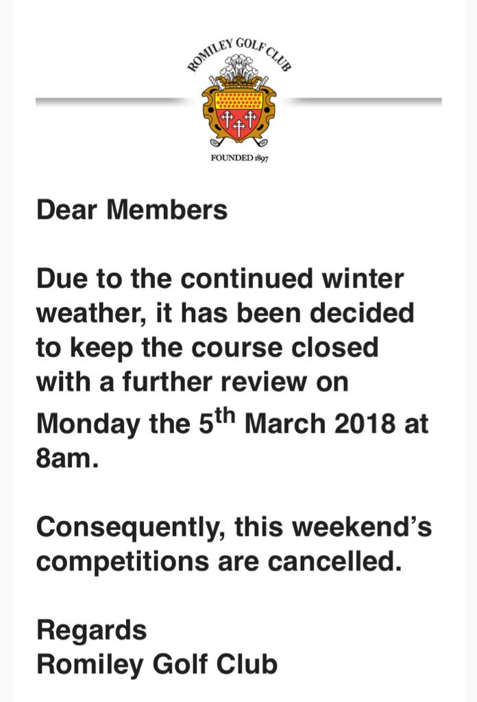 Due to the continued snowy weather &amp; no improvement forecast for the next few days, it’s been decided that the course will remain #CLOSED over the weekend. A further decision on the #ClubHouse #ProShop &amp; #GolfStudio will be made in due course #AWG <a href="/graham_drabble/">Graham Drabble</a> <a href="/mattmurraygolf/">Matt Murray</a>