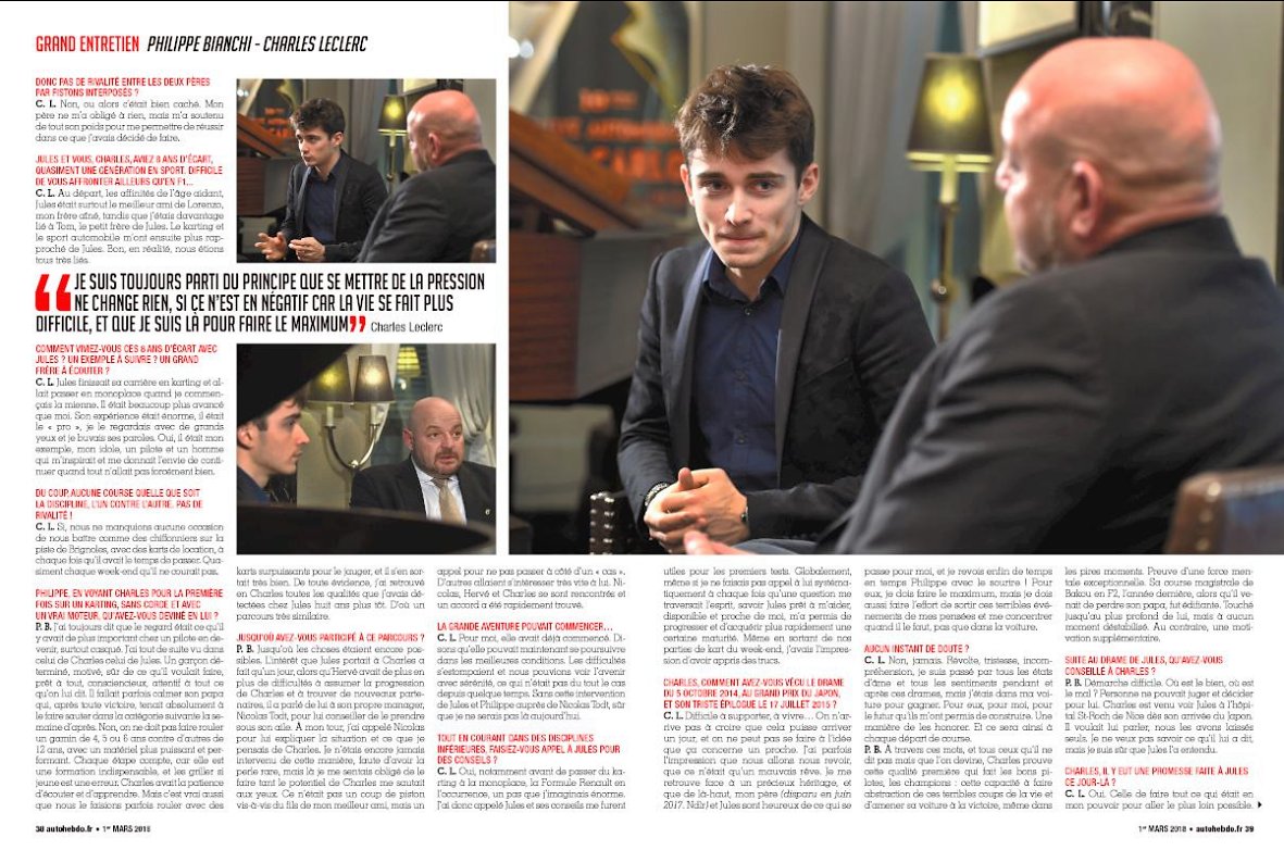 SylvieFrodeau's tweet photo. Interview @Charles_Leclerc et @PhilippeBianchi "Au nom de Jules" dans le magazine @autohebdo qui parrait aujourd'hui (désolée, capture d'écran, c'est pas très lisible 😕) 
#JB17FOREVER ❤️ https://t.co/bi3LC128lJ