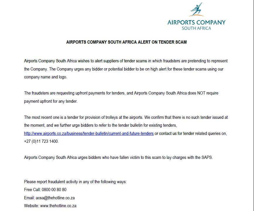 #tenderscam #tenderalert #tender #scam #airportscompanysouthafrica #ACSA
Please share our tender scam alert: airports.co.za/news