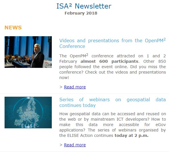 InteroperableEU's tweet photo. #ISA2 February newsletter is out! Read more about #OpenPM2conf, #SEMIC2018 or @EULocation webinars and explore our new publications! Not subscribed yet? Click at the "Subscribe" button at the bottom of the page and sign up today: https://t.co/2KNwYdchX4 https://t.co/4wZIz5K4OT