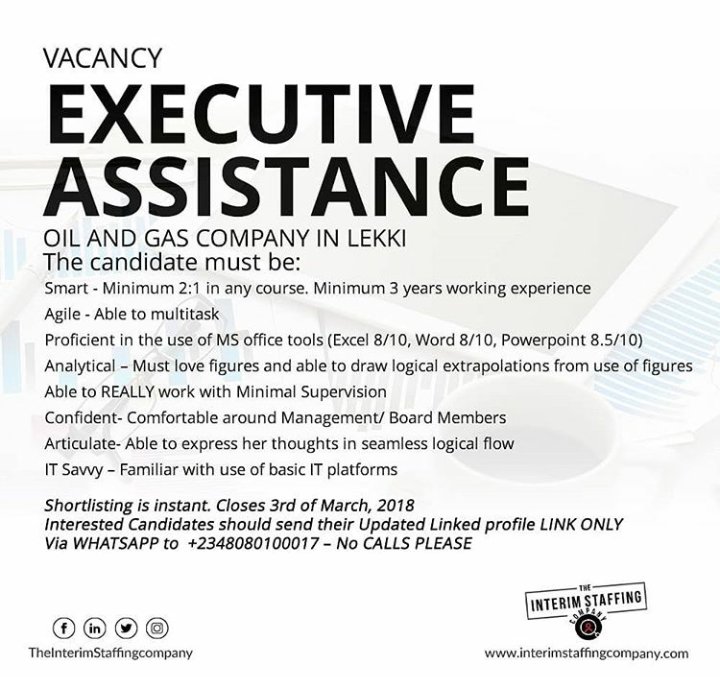 interimstaffco's tweet photo. Vacancy! vacancy! vacancy!
Executive Assistant.
#vacancy #solutions #hr
#workforcesolutions #thefutureofHR #interimstaffing #innovationsinHR #contingent #temps #labouroutsourcing #servicesprocurement https://t.co/BIOmS9r9Ze