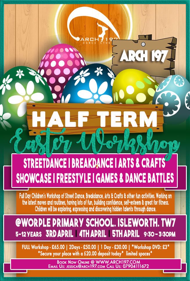 *NEW* 

Arch 197 Easter Halfterm Workshop 2018 🐰

3RD APRIL | 4TH APRIL | 5TH APRIL 

9.30am - 3.30pm 

based in Isleworth, TW7 

SECURE YOUR PLACE TODAY @ 

arch197.com