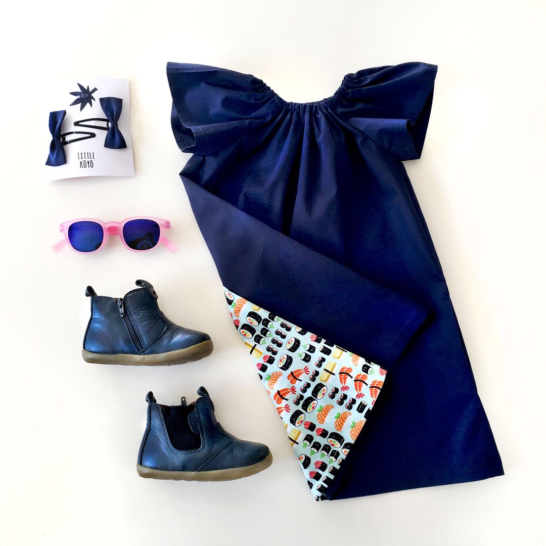 LittleKoyo's tweet photo. Little Kōyō is getting ready for today's snow glare and frosty pavements. The Polly dress is available in navy, coral, gold and sushi print. https://t.co/webCh08XMM #izipizi #bobuxshoes#snowglare #springsnow #kidsfashion https://t.co/27KknAq6CW