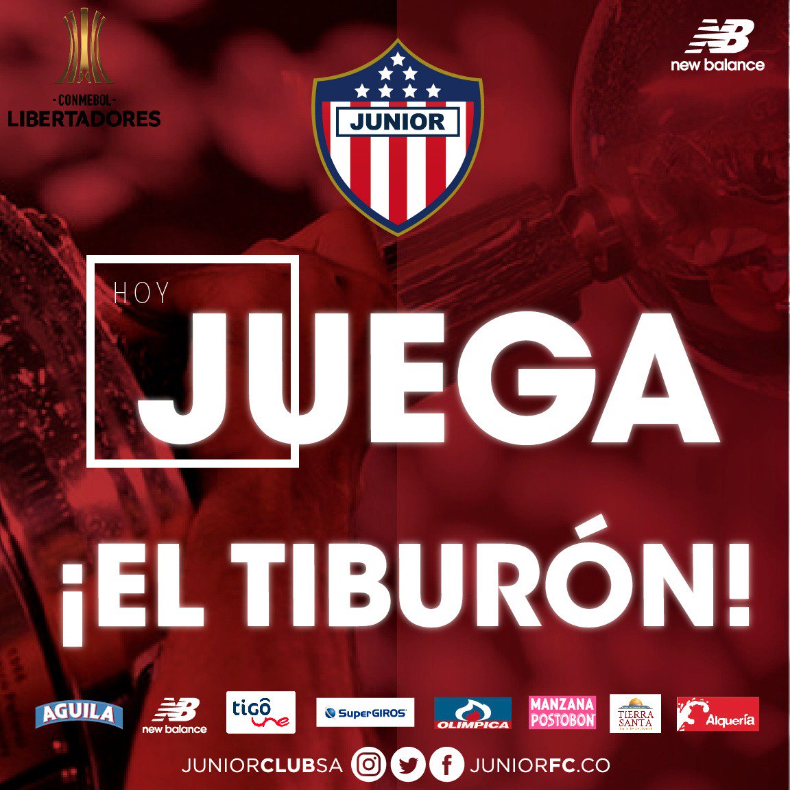 JuniorClubSA's tweet photo. Feliz inicio de mes #Junioristas❤
¡HOY SEGUIMOS LUCHANDO POR EL SUEÑO CONTINENTAL!
🦈🦈Hoy juega ¡EL TIBURÓN!🦈🦈
#CONMEBOLLibertadores 
#VamosJunior🔴⚪🔵 https://t.co/Bd4UNfidqS