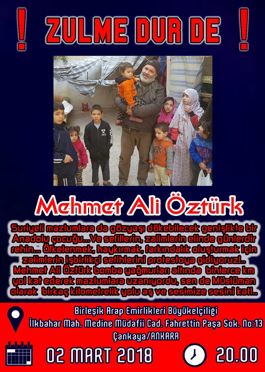 Yarın saat 20:00'de BAE Büyükelçiliği önüne bekliyoruz...
Allah'tan başka kimseden korkumuz yok! 
#MehmetAliÖztürkTutsak
<a href="/HHShkMohd/">HH Sheikh Mohammed</a>