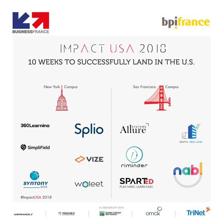 businessfrance's tweet image. #ImpactUSA🇺🇸: qui sont les 11 #startups heureuses élues de la 1ère promotion 2018 ? ➡️bit.ly/ImpactUSA2018 #Frenchtech @Bpifrance  cc @getSPARTED @LaFrenchTech @LaFrenchTechEN