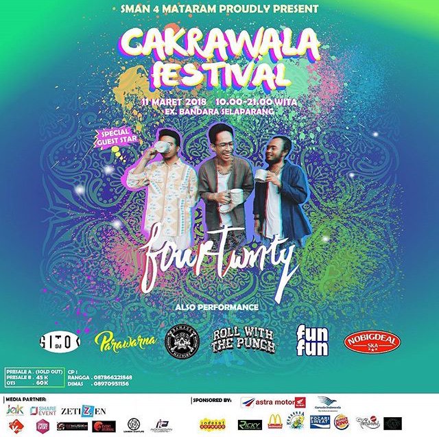SMAN 4 MATARAM PRESENT! Hallo maret , sampai jumpa di Cakrawala Festival , Hari minggu tanggal 11 maret 2018 di Ex Bandara Selaparang.
Grab your tickets:
Presale A : sold out
Presale B : 45k
Ots : 60 k
Minat, dm @cafestsmanca
see u :)