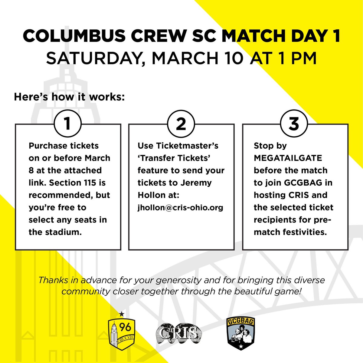gcgbag96's tweet photo. Last season, we hosted the @crisohio Community Connectors program at tailgates in an effort to use the beautiful game to connect new Americans to their new home. This year, @Save_The_Crew is helping us expand with a ticket donation program. (https://t.co/7HihB4qmXG) #SaveTheCrew https://t.co/I2C3TUL8bW