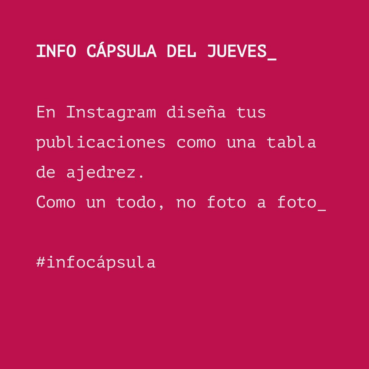 montsepenarroya's tweet photo. En redes sociales, debes ver tu “lienzo” como una tabla de ajedrez, donde no debes repetir el mismo tipo contenido de manera consecutiva sino dejar un espacio entre ellos.
Te recomiendo seguir cuentas que poseen una buena estética. #marketingdigital #infocapsula https://t.co/gkoIBRAWQ9