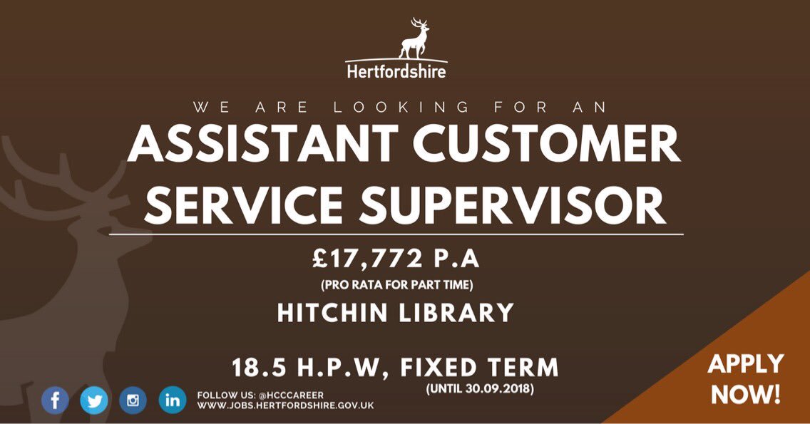 We have an exciting opportunity for someone to join our team on a Fixed Term basis until the end of September 2018; apply here - bit.ly/2CROApl 📚

#libraryjobs #Hitchin #Hertfordshire