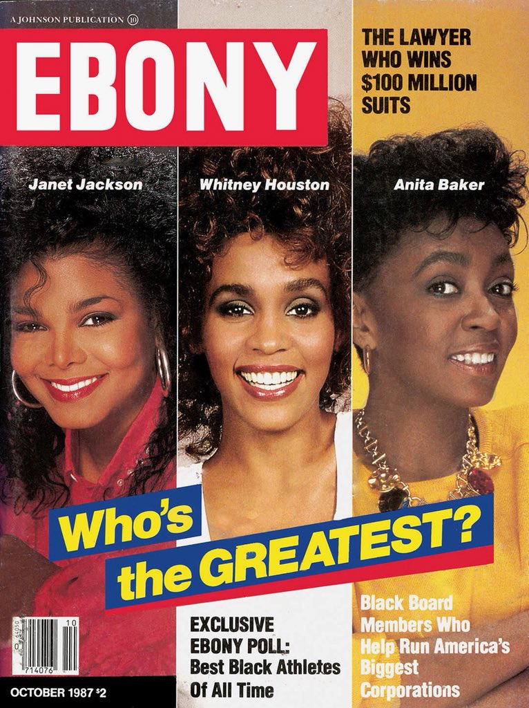 EBONY's tweet photo. Who run the world?! 🙋🏽‍♀️🙋🏾‍♀️🙋🏿‍♀️ GIRLS! @JanetJackson #WhitneyHouston #AnitaBaker #DecadeswEBONY The 80s! Hairspray, #blackgirlmagic, and a camera. The rest is history 😘 #WomensHistoryMonth — https://t.co/mZmdNZXN5s https://t.co/j9eDis0HmY