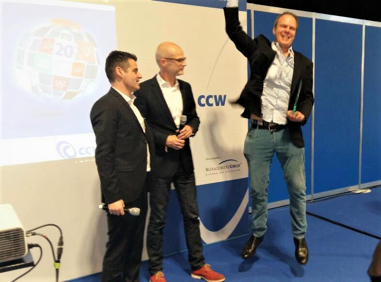 i2x_ai's tweet photo. 🎉 We're proud to say that we won the Future Camp Award 2018 @callcenterworld for the most innovative product at the fair! 🎉

Here's our founder, Michael Brehm jumping for joy + receiving our award today 🏆 #CCW2018 #thankyou #AI #innovation #machinelearning #tech https://t.co/hxg6kcHXEi