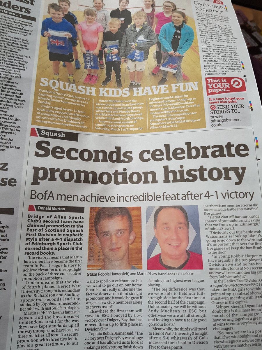 spitfiremedia's tweet photo. More gr8 coverage from @StirObserver of @boasportsclub firsy promotion og the season &amp; nice piece on @DunblaneSportsClub squash kids too!! Big question is who are #MartinShaw &amp; #RobbieHunter ?!!!!!😉😁😎 https://t.co/t0kTsf9KEM