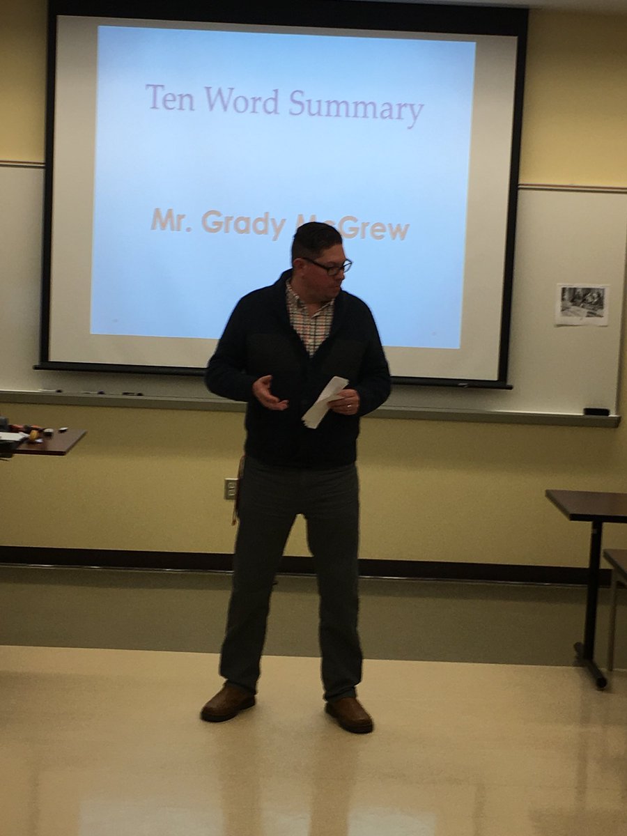 DelmarMathRocks's tweet image. Mr. Grady McGrew shares the Ten Word Summary HOT strategy with SU Aspiring Educators.  #ProjectKEEP