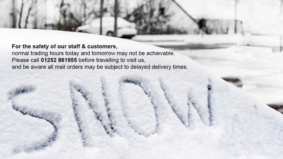 yateleyangling's tweet photo. For the safety of our staff &amp; customers, normal trading hours today and tomorrow may not be achievable. 
Please call 01252 861955 before travelling to visit us, and be aware all mail orders may be subject to delayed delivery times.
https://t.co/UInQGRXSEG https://t.co/4ojWlsGTmy