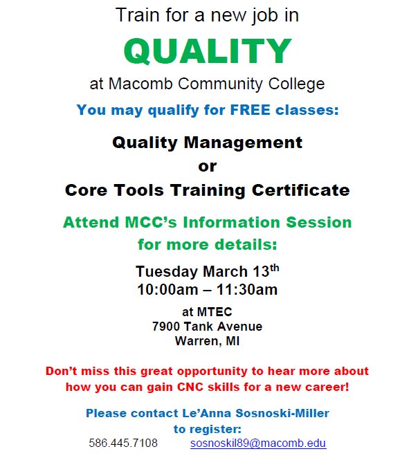MIWorksYP's tweet photo. MCC will soon be offering FREE Quality training to individuals who are unemployed/underemployed and reside in southeast Michigan. https://t.co/0HQ1nE5D3c
