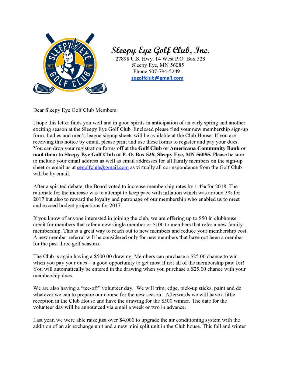 SEGolfClub's tweet photo. 2018 Sleepy Eye Golf Club membership letter is attached! Purchase a membership this year and we look forward to a summer full of fun! https://t.co/cDBHfhVOSl