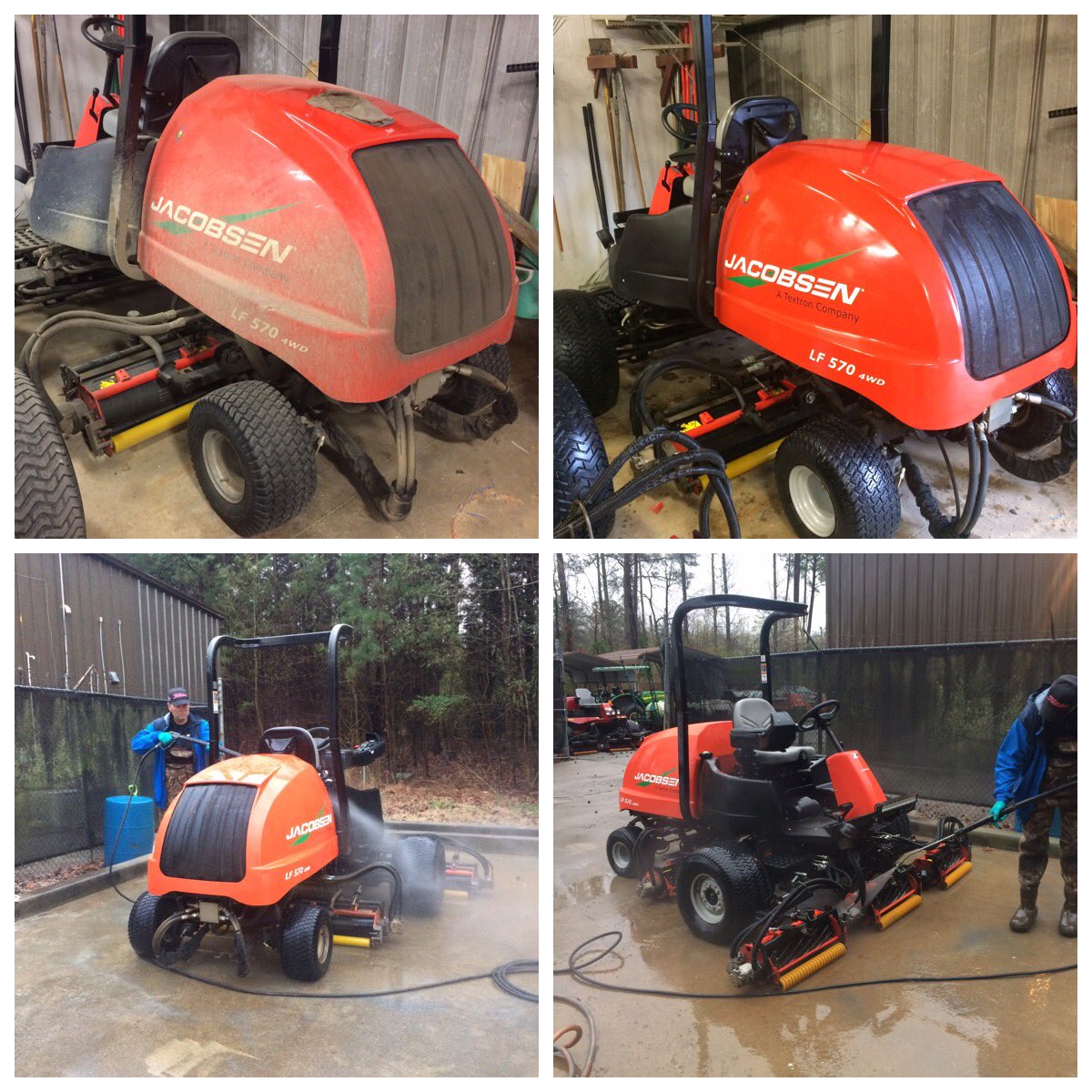 BearTraceHB's tweet photo. Rainy day detail work. Taking care of the equipment that takes care of us. @JacobsenTurf Pressure wash, clean with @HarrellsLLC Pigment Cleaner Plus, soapy wash, spray on @TurtleWax and dry. We have "new" fwy mowers. ๐๐ @Ladds1963 https://t.co/E4fwEmS3oI