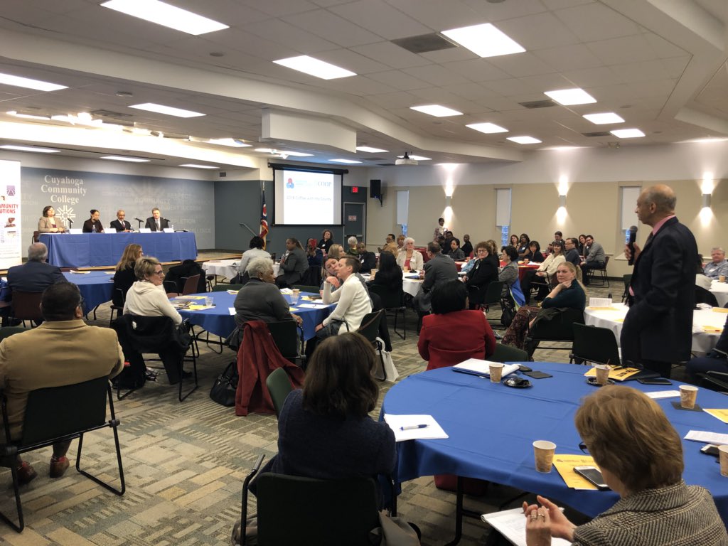 CCSPolicy's tweet photo. @EBVillage CEO Danny Williams asks the panel about best practices across the state or country that a Cuyahoga County can model after? Panel members respond that sometimes counties come to us to learn.  #CoffeeWithTheCounty https://t.co/qGWVl696X1