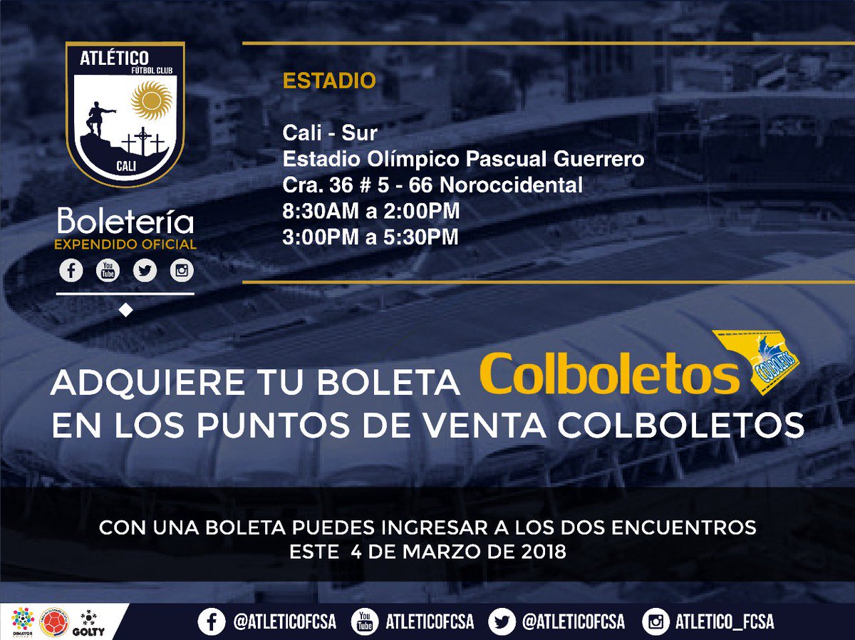 AtleticoFCSA's tweet photo. ¡Este domingo te esperamos!⚽️😄
#LaCitaEsEnElPascual 
Puntos Colboletos (Con una boleta ingresas a los dos partidos)
Liga Femenina Águila
@AtleticoFCF  vs @cortuluaoficial (12:00 PM)
@TorneoAguila
@AtleticoFCSA  vs @RealCartagena (3:00 PM)

#TeEperamos https://t.co/RDgl66wJBO