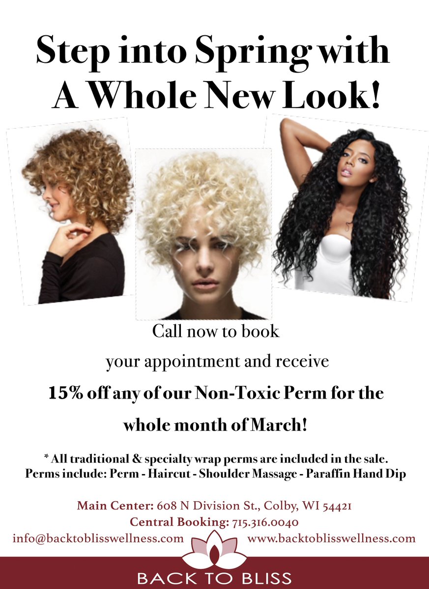 BackToBliss1's tweet photo. Our Annual Perm Sale is here!! Book yours today to guarantee your spot! 715.316.0040 #backtobliss #annualpermsale #showoffthoselocks https://t.co/lFm8fgl4bx