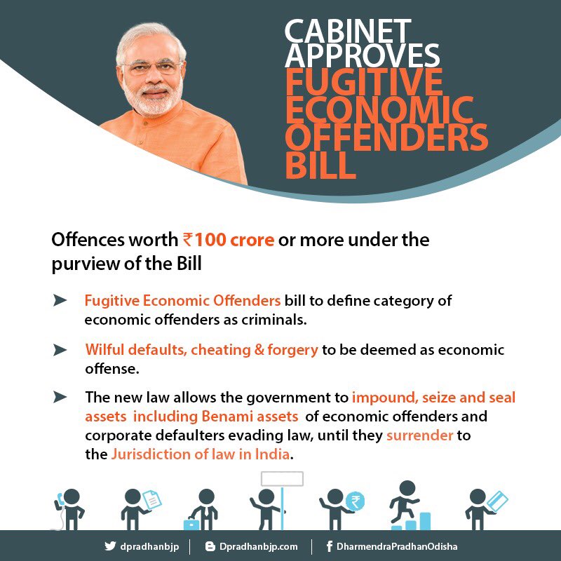 dpradhanbjp's tweet image. The Fugitive Economic Offenders Bill, 2018 empowers the govt. to seize &amp;amp; sell assets owned by an economic offender evading the laws of the land.The new bill will also ensure that confiscation does not face any civil claims of stakeholders. #crackdownoncorruption