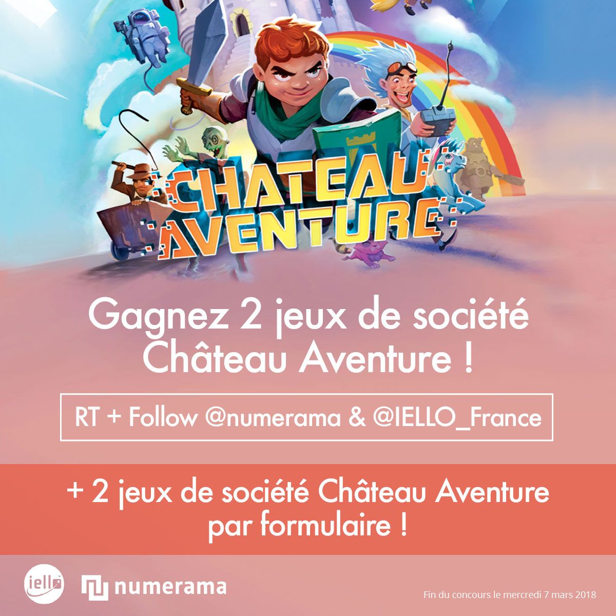 Numerama's tweet photo. 🎁 #CONCOURS

🎮 Gagnez des exemplaires du jeu de société Château Aventure !

👉 Pour participer : RT + Follow @Numerama et @IELLO_France  🧡

📌 Ou par formulaire 👉 https://t.co/nPjkE1ndGd

Vous avez jusqu'au mercredi 7 mars ! Bonne chance à tous 🍀 https://t.co/KChwJKmzmw