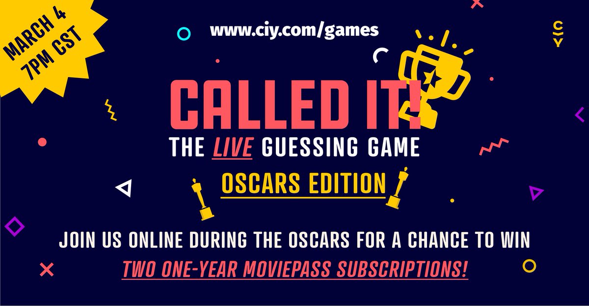 #ciycalledit is BACK and this time, we are giving away 2 FREE 1-YEAR MOVIEPASSES!
Win some free movies while seeing how last year's movies rank!

RT if you're playing with us!
ciy.com/games
#ciyaeffect #ciy #christinyouth #oscars #liveguessinggame #ciydoesgames