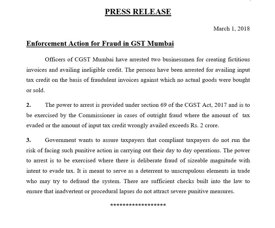 cbic_india's tweet photo. Enforcement action for fraud in GST mumbai. https://t.co/A9NfoEUMoP
