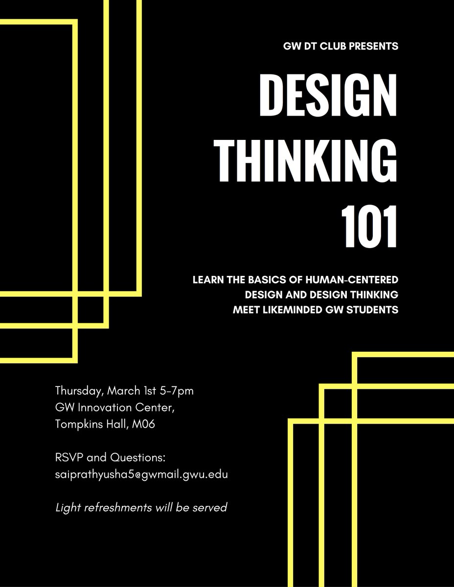 gwuengineering's tweet photo. Learn the basics of human-centered design and design thinking today at 5pm in the GW Innovation Center. RSVP & questions sent to email in flyer! #DesignThinking101 https://t.co/IDj2ebSmPX
