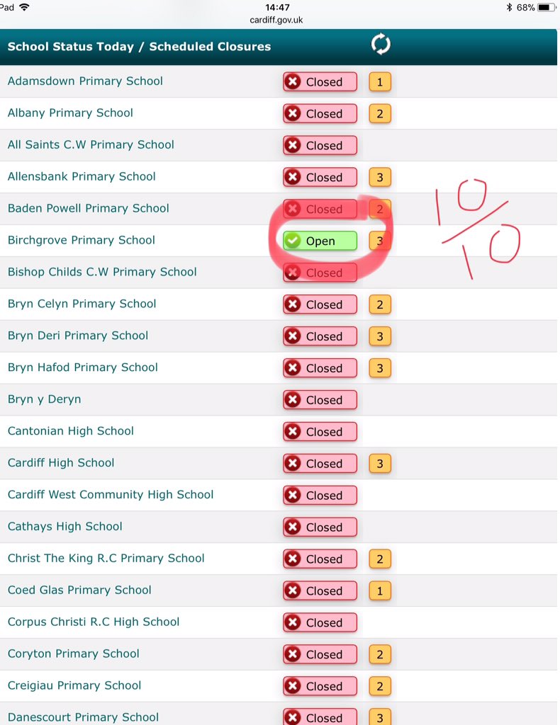A screenshot showing that every school is closed apart from Birchgrove primary that remains open.