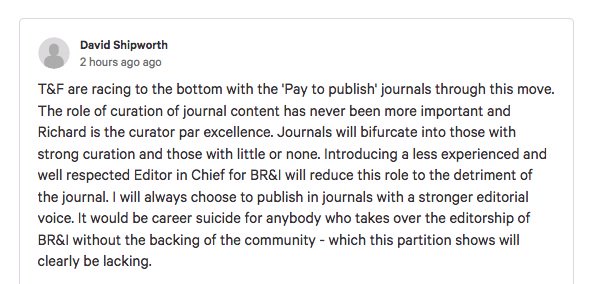lorchBRI's tweet photo. Wise words from David Shipworth: "It would be suicide for anybody who takes over the editorship of #BRIresearch without the backing of the community - which this petition shows will be clearly lacking. #saveBRIeditor petition: https://t.co/iO2dbXV7Q4 https://t.co/nN4JE2uB94