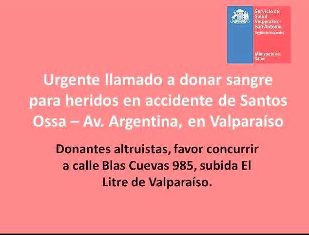 Amigos, hago un llamado a quienes puedan ir a donar sangre para las personas accidentadas en la colisión múltiple en Valparaíso. Muchas gracias por difundir y colaborar 🙏🏻 RT