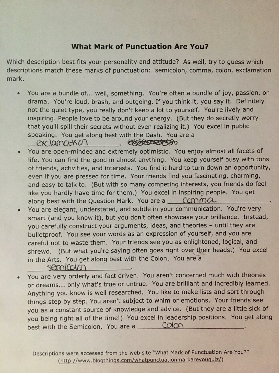 10PB students figuring out which mark of punctuation best represents their personalities...our A1 class is full of exclamation points 😄