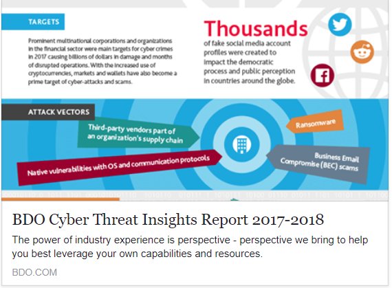 SecurityDAM's tweet photo. “2017 has registered a significant increase in the frequency of global Distributed Denial of Services (#DDoS) attacks…increasing 91% since January 2017”. 
The BDO CYBER THREAT INSIGHTS REPORT 2017-2018 https://t.co/AD815hoa3H https://t.co/zM1axGDEjY