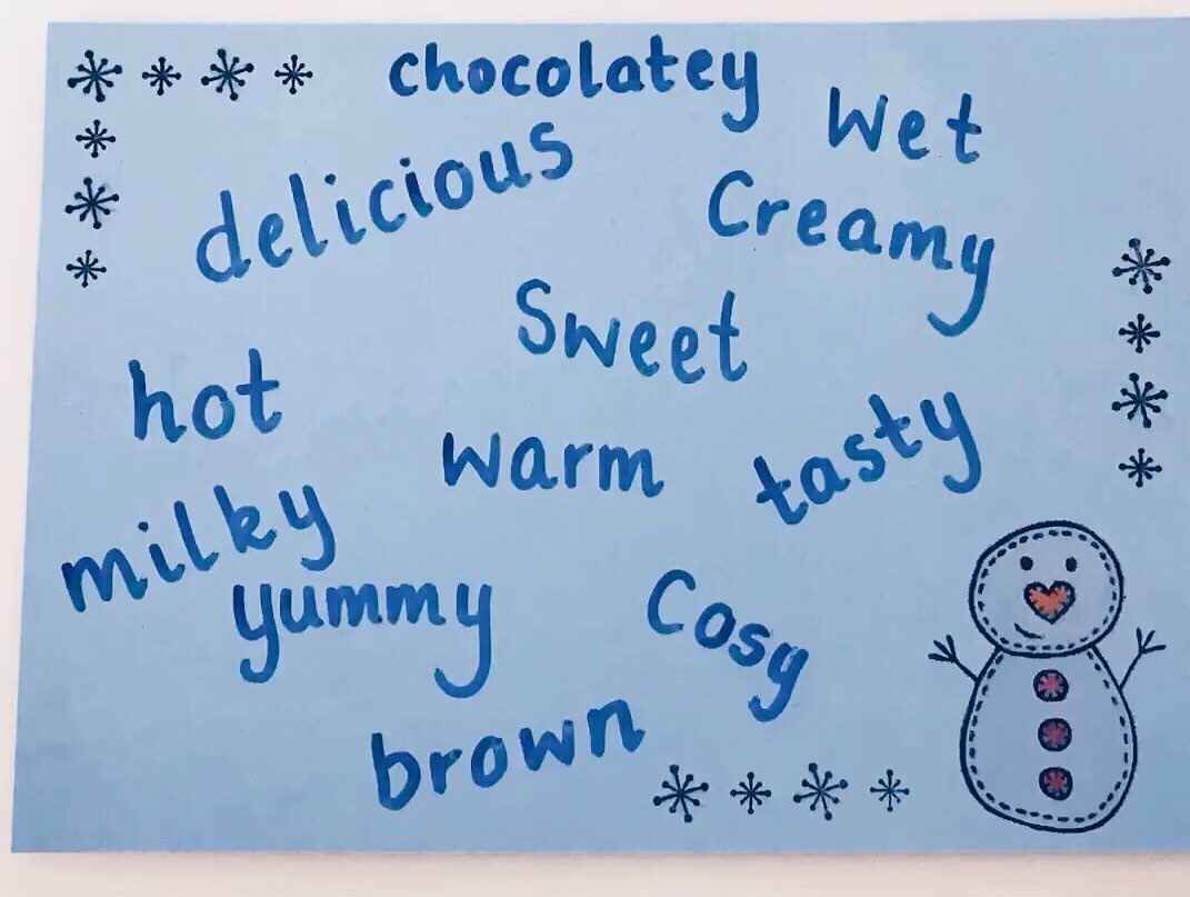 MissM_StP's tweet photo. *Challenge time!* Make a list of adjectives to describe different parts of your snow days. You could describe playing outside or the clothes you have to wear to keep cosy! Can you guess what Mrs Turk’s list might be about? 😋☃️❄️ #snowdayfun #p3btimes #learningallaround https://t.co/54zlKziAGM
