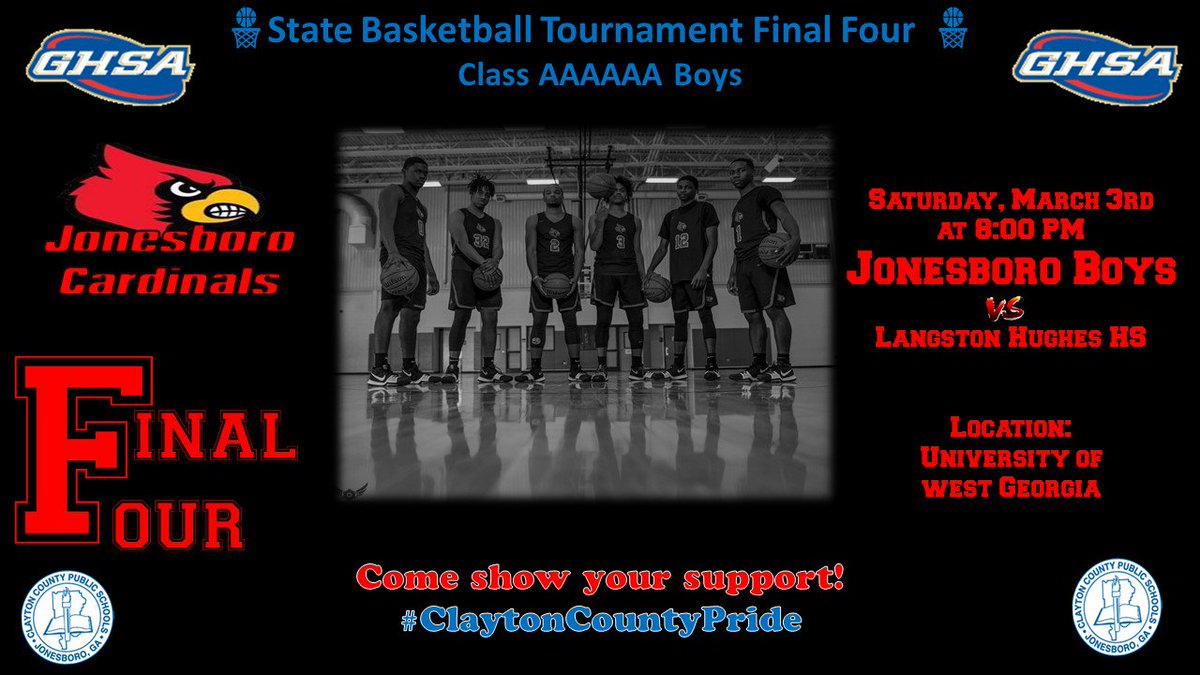 CCPS Athletics (@ccpsathletics1) on Twitter photo 🏀AAAAAA Final Four at West Georgia 🏀
<a href="/jonesborobball/">Cardinal Basketball</a> vs. Langston Hughes, 8 p.m. on Saturday <a href="/OfficialGHSA/">GHSA</a> <a href="/CCPSNews/">Clayton County Public Schools</a> <a href="/JHSCardinalFB/">Jonesboro Football</a> <a href="/jonesborobball/">Cardinal Basketball</a> @JHSCardinalBB @jonesborocards
Jonesboro High jonesborocardinals.com 🏀AAAAAA Final Four at West Georgia 🏀
<a href="/jonesborobball/">Cardinal Basketball</a> vs. Langston Hughes, 8 p.m. on Saturday <a href="/OfficialGHSA/">GHSA</a> <a href="/CCPSNews/">Clayton County Public Schools</a> <a href="/JHSCardinalFB/">Jonesboro Football</a> <a href="/jonesborobball/">Cardinal Basketball</a> @JHSCardinalBB @jonesborocards
Jonesboro High jonesborocardinals.com