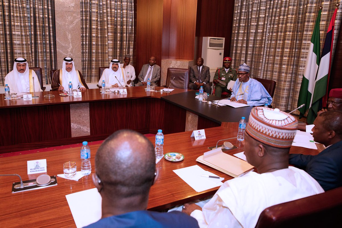 NGRPresident's tweet photo. President @MBuhari today welcomed the former Emir of Qatar, His Highness Sheikh Hamad Bin Khalifa Althani and former Prime Minister of Qatar H.E. Sheikh Hamad Bin Jassin Bin Baber Althani to the State House. Senior Govt officials attended the Meeting that followed. #AsoVillaToday https://t.co/pq2peJAMcm