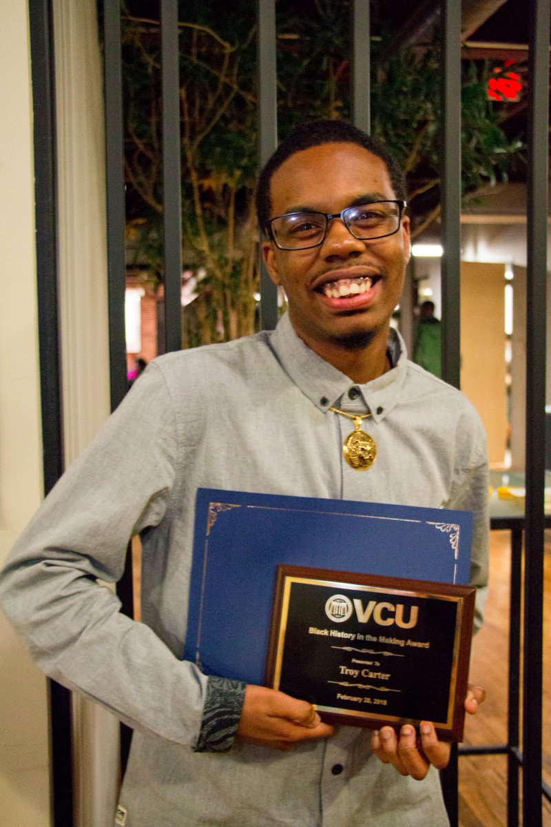 VCU_CTI's tweet photo. Troy Carter, a VCU ACE-IT in College student, was honored with the "Black History in the Making" award from @VCU! This award, from @VCUAFAM, was founded in 1983 to recognize the achievements of African American students. Troy inspires other #PWD to #NeverGiveUp #BlackHistoryMonth https://t.co/ib1QxZ9Jyl