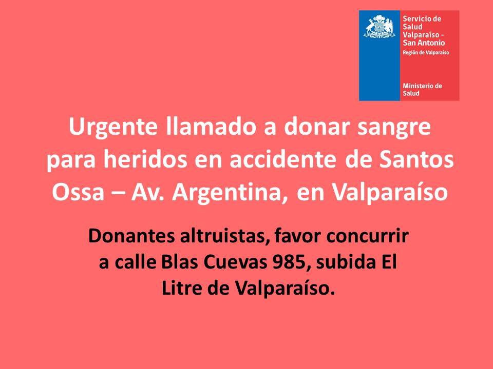 JorgeSharp's tweet photo. ¡ATENCIÓN! Desde el Servicio Salud de Valparaíso se hace el llamado a donar sangre en favor de heridos del accidente de Av Argentina-Santos Ossa ¡difundir! https://t.co/pCQJlMSpk0