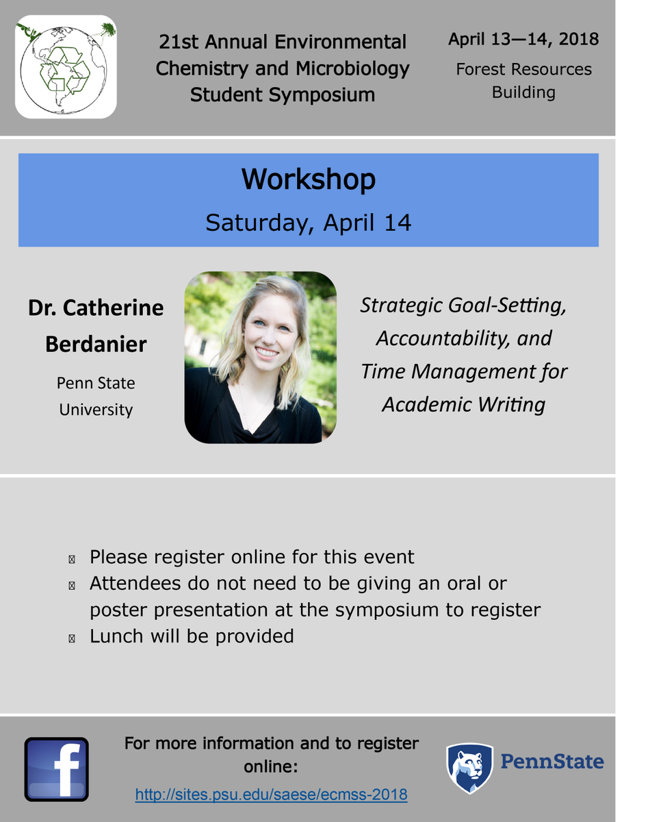 PSU_ECMSS's tweet photo. Free academic writing workshop for students at #ECMSS2018 on April 14, 2018, and a free lunch! Register at https://t.co/RJNrN9r9Zw @PennStateCEE @PSUScience @GradSchoolPSU @WeAreForScience @PSUEngineering https://t.co/hSTREPTKcv