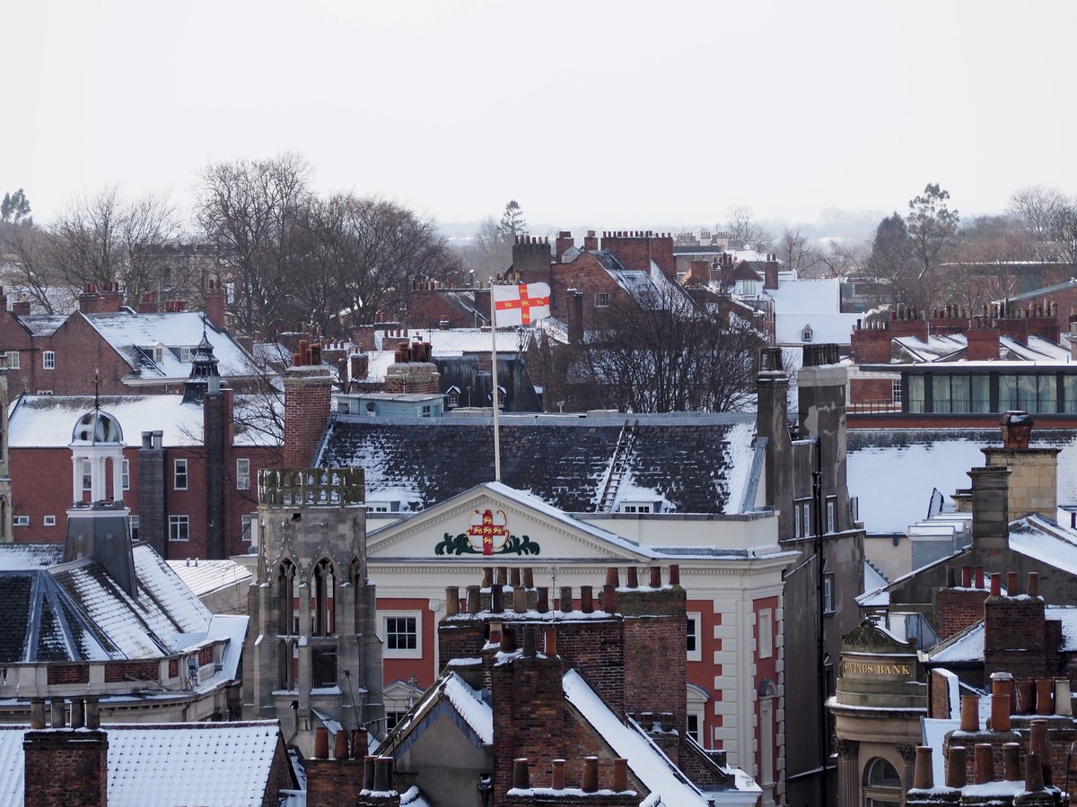 York_Minster's tweet photo. We've been up the South Quire Aisle scaffold to get some rare and exclusive views of York in the snow 👍 

Tag places you can see 📌 #StormEmma #snowday https://t.co/RmZLxqZpTW